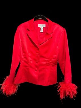 Vintage 1988 Jessica Howard Red Blazer with Feather Trim Cuffs Size 14